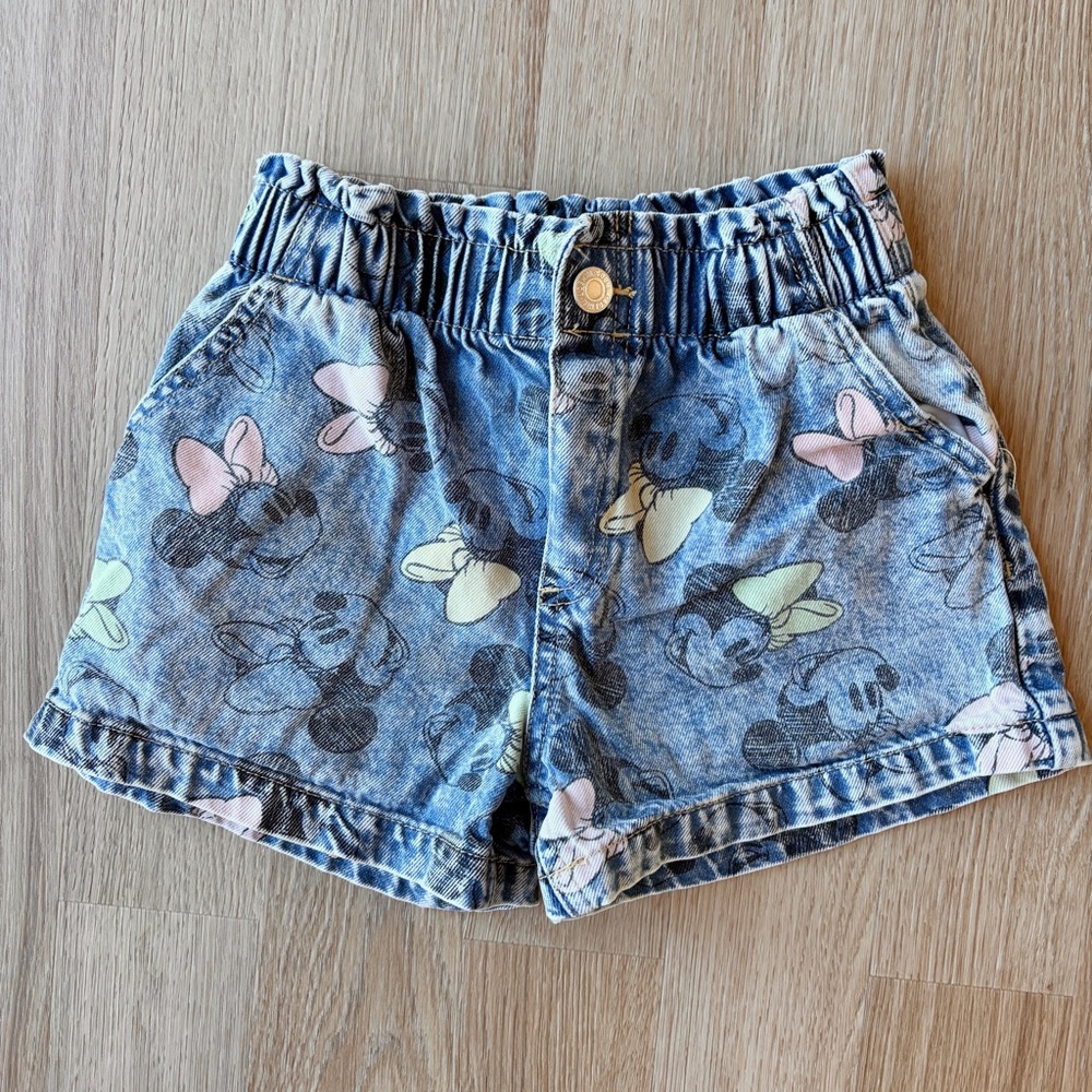 H&M Girls' Blue Denim Mickey and Minnie Shorts with Bow Print